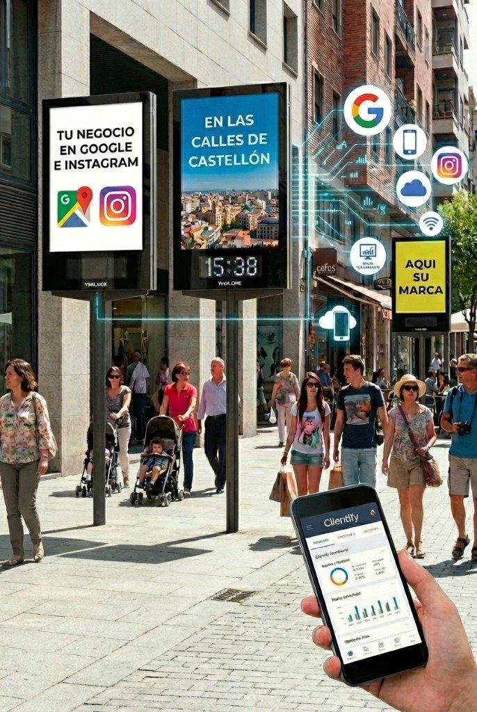 Pantallas digitales en calle de Castellón y móvil mostrando Google Maps e Instagram
