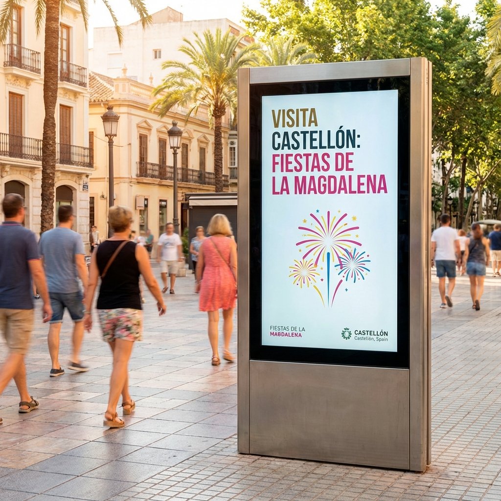 Mupi digital publicitario en una calle soleada de Castellón con gente paseando