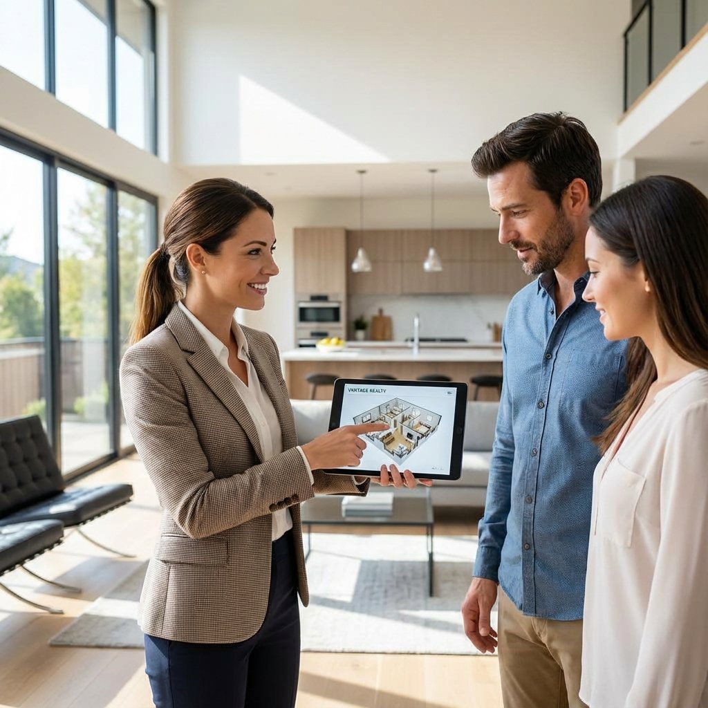 Agente inmobiliario mostrando propiedad en tablet a pareja