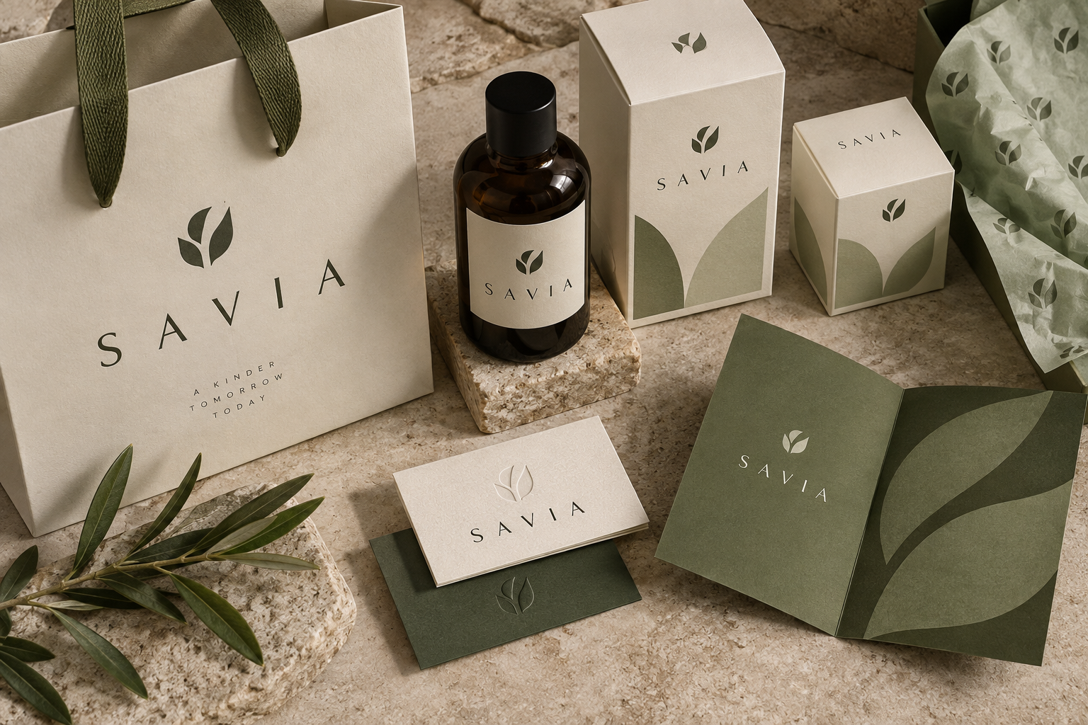 Identidad conceptual SAVIA con envases, bolsa, etiquetas y papelería