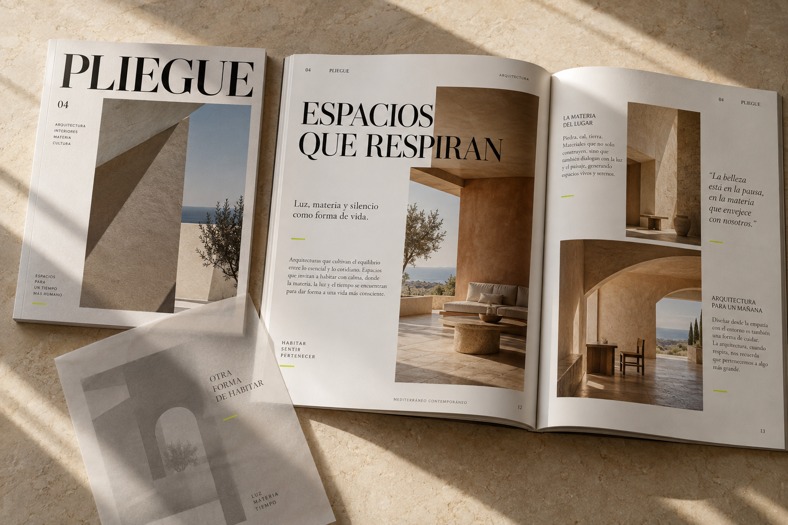 Revista conceptual PLIEGUE abierta con diseño editorial de arquitectura