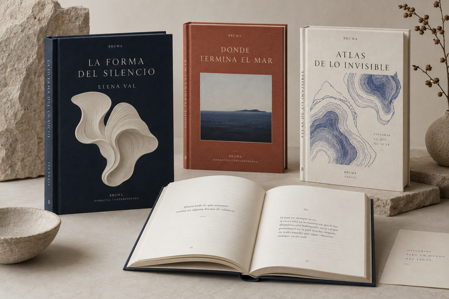 Colección ficticia BRUMA con tres portadas de libros