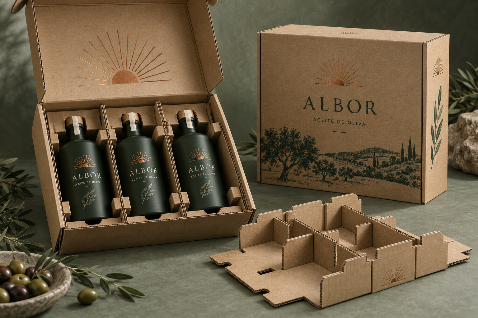 Estuche conceptual ALBOR con tres botellas y separadores de cartón corrugado
