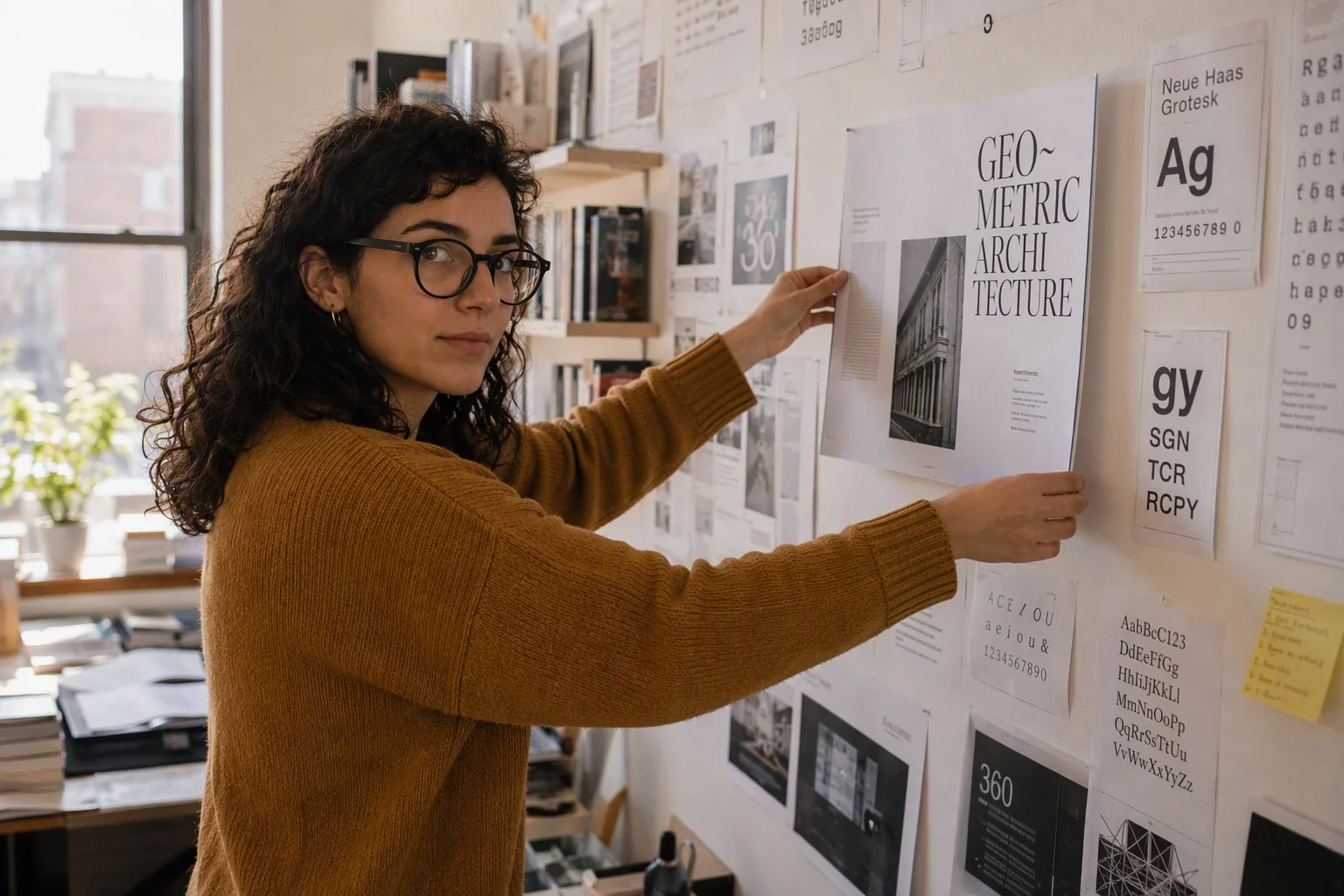 Diseñadora de Castellón Digital colgando pruebas de diseño editorial en el muro del estudio