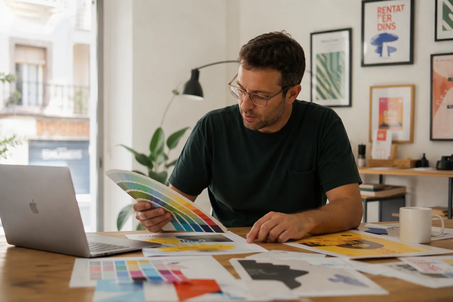 Diseñador de Castellón Digital comparando pruebas de color en el estudio de Castellón de la Plana