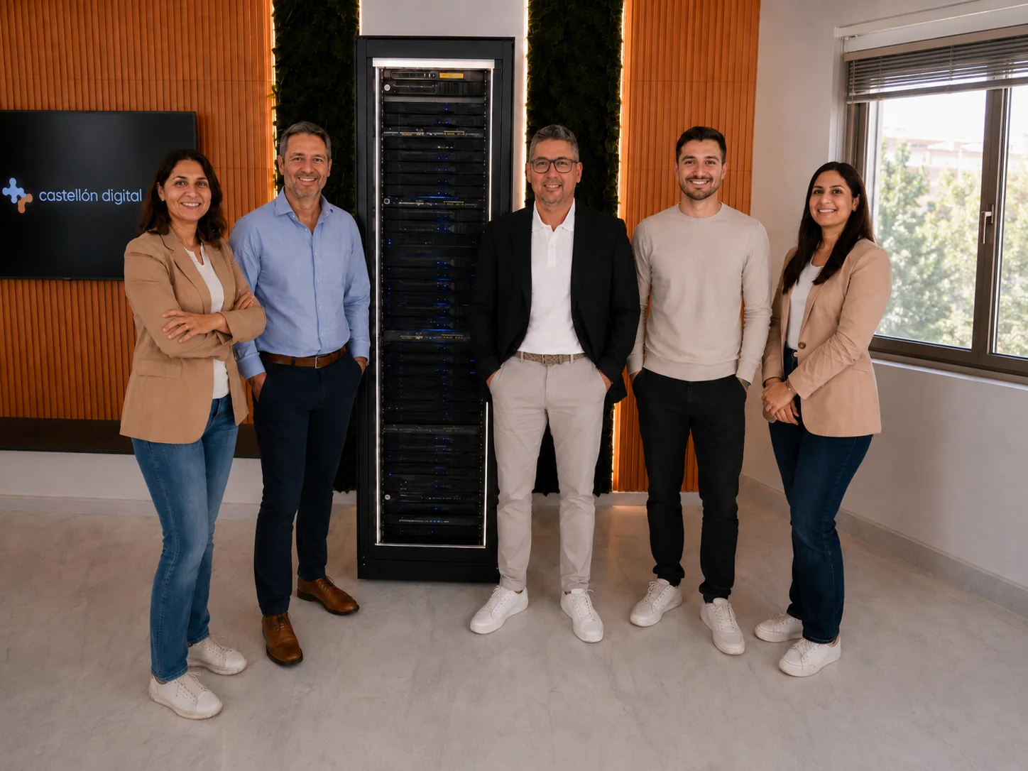 El equipo de Castellón Digital en su oficina, junto a su infraestructura de servidores