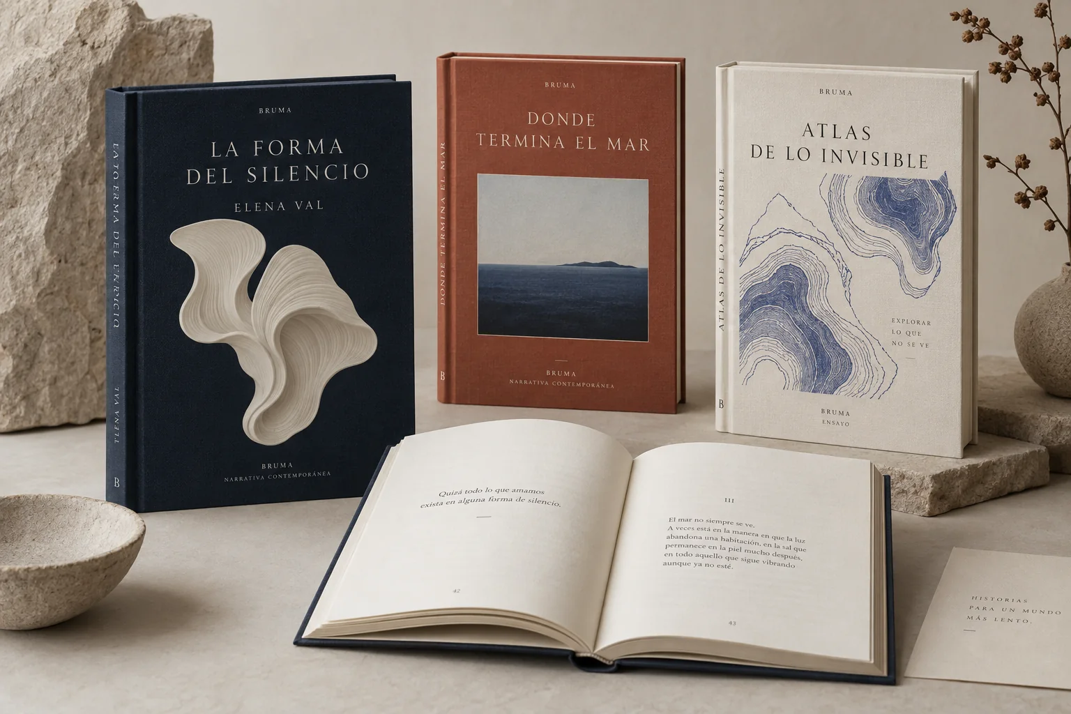 Colección ficticia BRUMA con tres portadas de libros