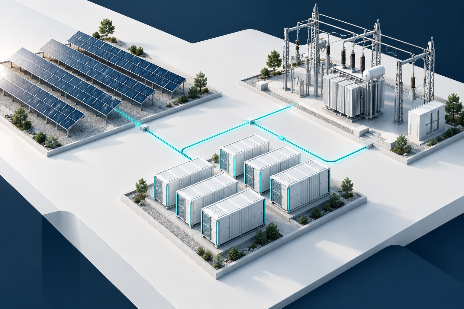 Ilustración conceptual de un sistema energético con subestación, almacenamiento en baterías y paneles solares.